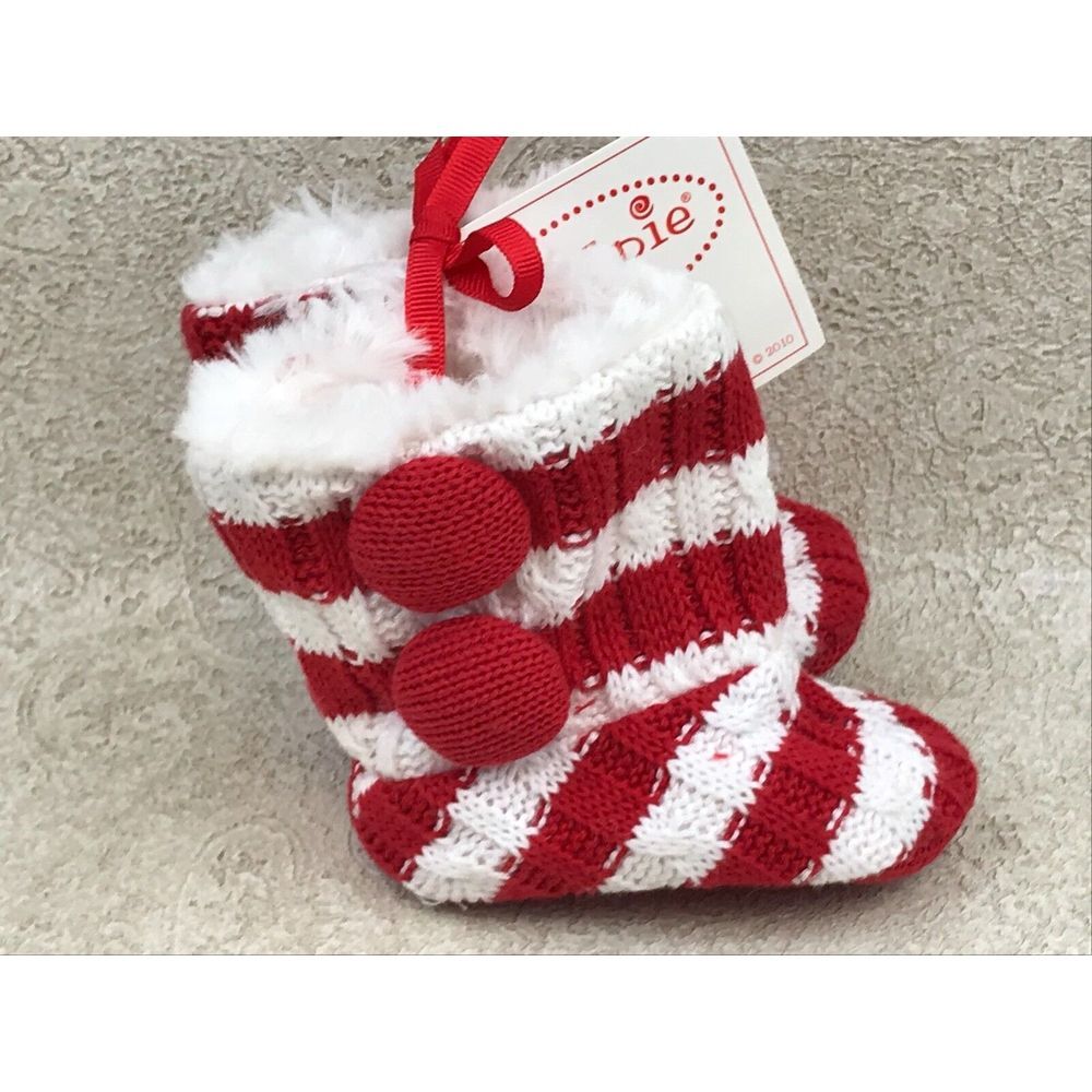 Mudpie Baby Booties 0-6 Months Red White Stripe‎ Cable Knit Shoes 2010 New